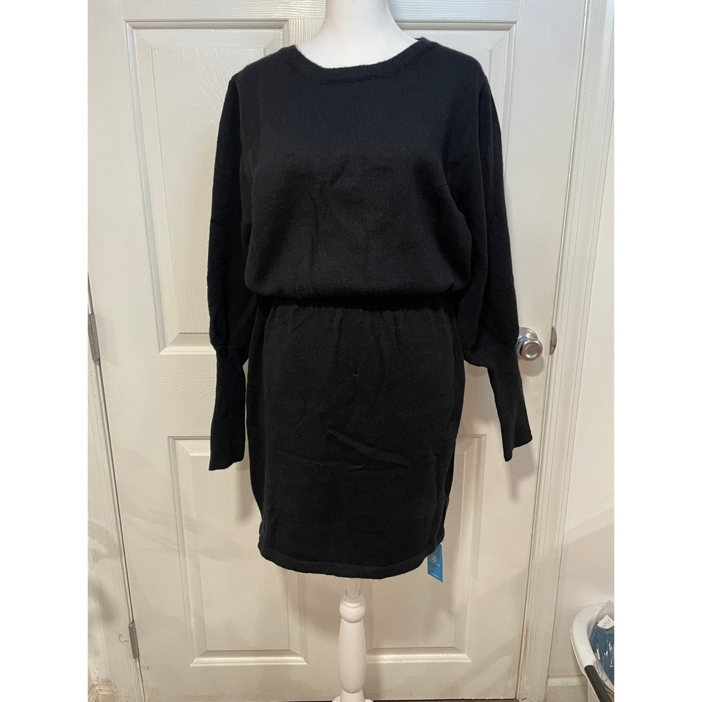 NEW Cupshe Black Mini Knit Sweater Dress L Onyx Gigot Long Sleeve‎ Knit Cozy